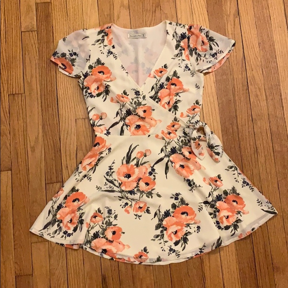 Peach and cream floral wrap dress